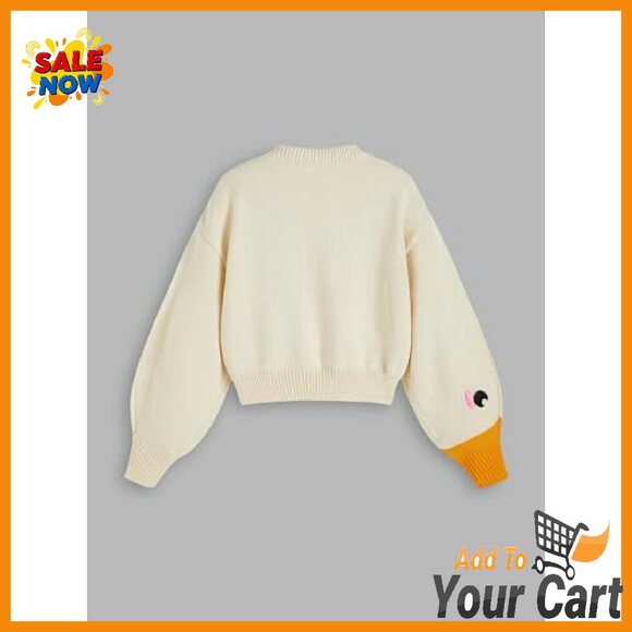 Chunky Cropped Pullover Sweater with Goose Graphic, Acrylic Knit - Picture 7 of 8